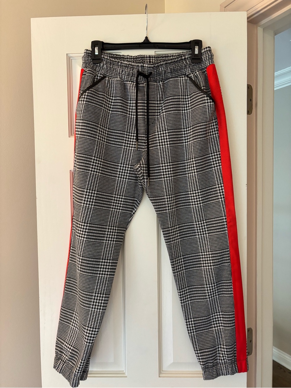 David Lerner Black & White Glen Plaid Joggers with Red Side Panels